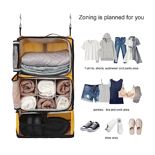 Travel Portable Hanging Shelves Closet Organizer Packing Luggage Storage with Multifunctional and Foldable Invisible Compartment (Yellow / X-Large)