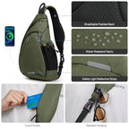 Sling Bag Men Backpack Unisex One Shoulder Bag Hiking Travel Backpack Crossbody with USB Port for Men Women Versatile Casual Daypack (Olive Green-20'')