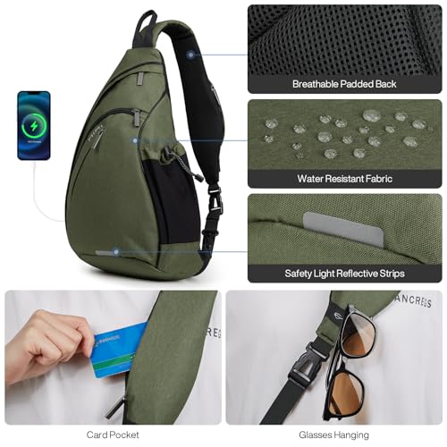 Sling Bag Men Backpack Unisex One Shoulder Bag Hiking Travel Backpack Crossbody with USB Port for Men Women Versatile Casual Daypack (Olive Green-20'')