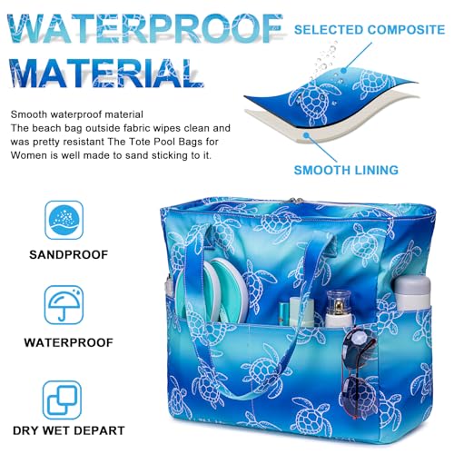Waterproof Beach Tote Pool Bags for Women Ladies Extra Large Gym Tote Carry On Bag With Wet Compartment for Weekender Travel (Sea Turtle Blue)