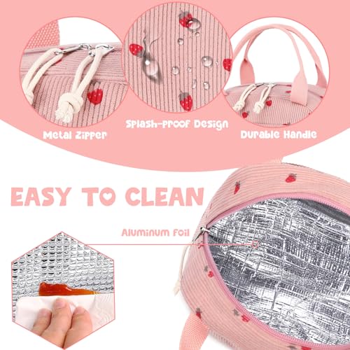 Lunch Bag for Women Men Cute Corduroy Lunch Tote Bags Reusable Insulated Lunch Box Large Capacity Reusable Insulated Cooler for Work Picnic or Travel (Corduroy strawberry pink / 10L)