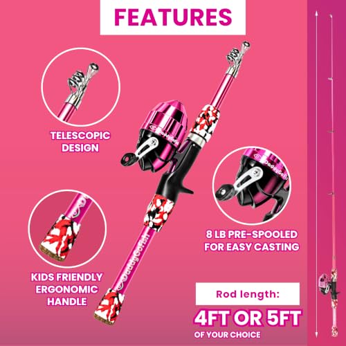 Kids Fishing Pole for Boys (2 Pack- Pink + Pink (Essential Set) / 5ft)