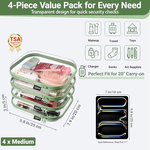 Clear Hard Shell Zipper Cases (Green / 4 Pack(M))