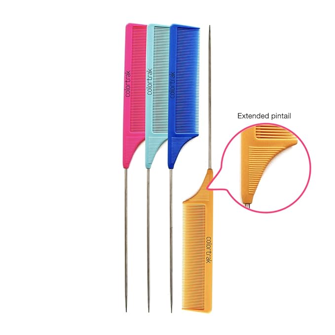 Colortrak Carbon Fiber Combs, Durable, Heat-Proof Comb, Anti-Static to Prevent Frizz, Bleach Safe Stainless Steel Pintail, 4pc Bag (Orange, Teal, Blue, Pink)