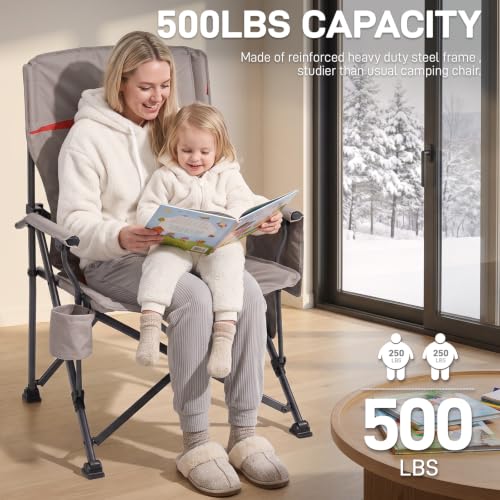Heated Lumbar Support Oversized Folding Camping Chair for Adults (Heated Khaki Grey)