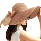 Women Wide Brim Bow Straw Hat Floppy Foldable Beach Sun Hat Roll up Cap UPF 50+ (Khaki /Normal Edge)