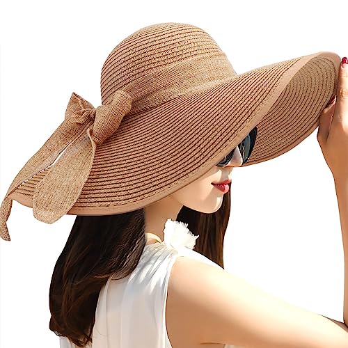 Women Wide Brim Bow Straw Hat Floppy Foldable Beach Sun Hat Roll up Cap UPF 50+ (Khaki /Normal Edge)