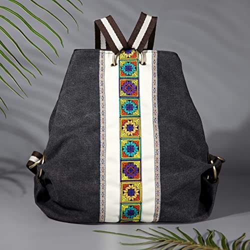 Women Canvas Backpack Daypack Casual Shoulder Bag (Grey Black 2)