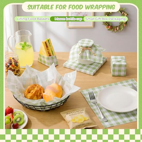 100 Pcs Green Checkered Wax Paper Sheets for Food Wrapping (Green, White / Green Checkered)