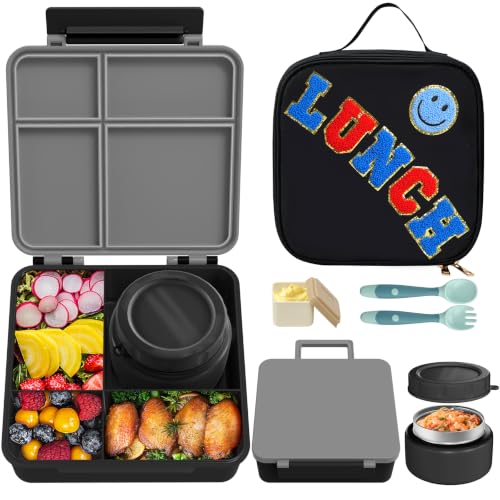 Kids Lunch Box with Thermo Insulated Lunch Bag for School (Black)