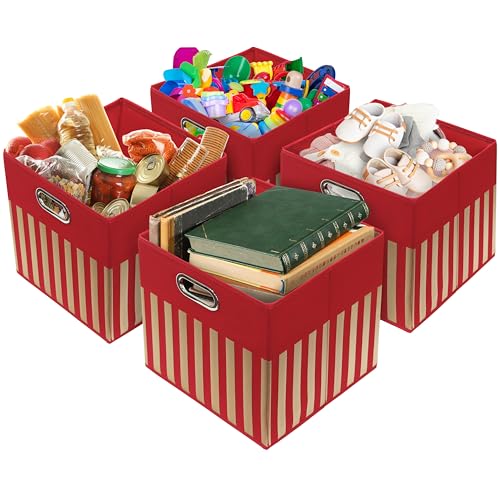 13 Inch Foldable Cube Storage Bins with Handles (3 Pack - 13" x 13" x 13" / Red)
