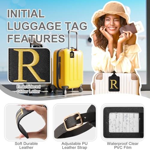 Personalized Initial Luggage Tags for Suitcase TSA Approved (Black Leather,glod Letter / R)