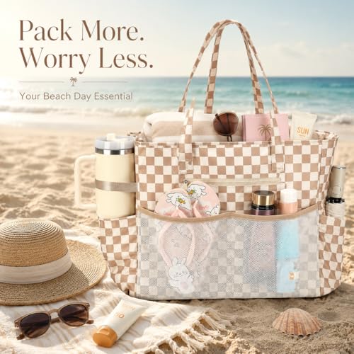 Waterproof Beach Tote Pool Bags for Women Ladies Extra Large Carry On Bag With Wet Compartment for Weekender Travel (Dark Brown Checkered)