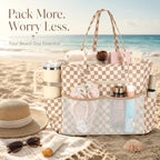 Waterproof Beach Tote Pool Bags for Women Ladies Extra Large Carry On Bag With Wet Compartment for Weekender Travel (Dark Brown Checkered)