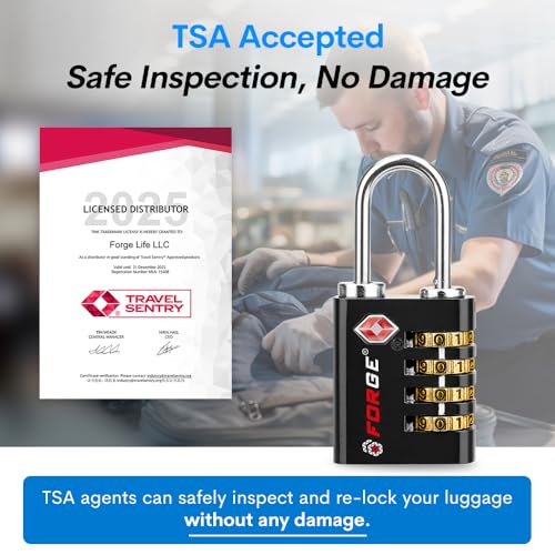 Dual-Opening: Key or Combination Access Lock, TSA Approved Locks for Luggage, Pelican case, Travel, Gym, School, Stainless Steel Shackle. (Black, 4 Pk) (4 Pack / Black)