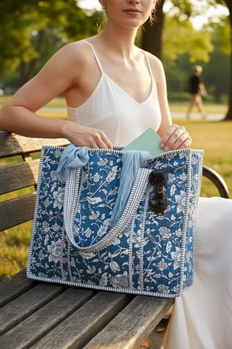 100% Cotton Quilted Tote Bag For Women (Summerday Blue Floral Print)