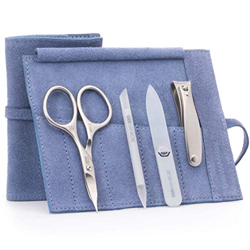 4pc Manicure Nail Care Kit (4-Pc: Clipper, Combo Scissor, Travel File / Light Blue Suede Roll)
