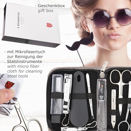 brand quality 10 piece manicure pedicure grooming kit set for professional finger & toe nail care tweezers file clipper fashion leather case in gift box (SILVER-GREY)