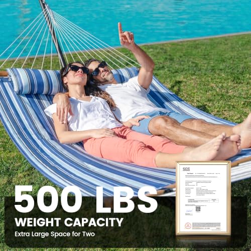 Double Hammock with Stand 500lbs Heavy Duty Outdoor Two Person Blue (Blue)