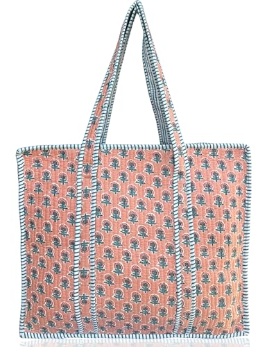 100% Cotton Quilted Tote Bag For Women (Peach Pearl Leaf Print)