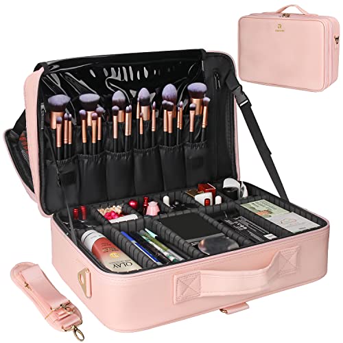 Makeup Case Large Makeup Bag Professional Train Case 16.5 inches Travel Cosmetic Organizer Brush Holder Waterproof Makeup Artist Storage Box (Large / Pink)