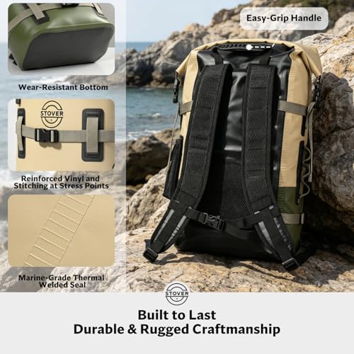 30/40/55L Waterproof Dry Backpack & Phone Case - Large Floating Dry Bag for Kayaking, Travel, Hiking, Fishing, Camping, Motorcycles & Beach, Heavy-Duty Roll Top Men/Women (Tan/Army Green/Brown) (Tan/Army Green/Brown / 30L)