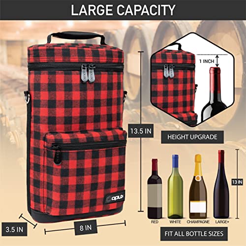 Insulated 2 Bottle Wine Bag Tote Leakproof Carrier Cooler Plaid Red (Buffalo Plaid Red / One Size)