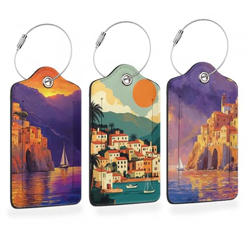 Retro Seaside Village 3 PCS PU Leather Luggage Tags for Suitcase (Retro Seaside Village, Sunset)