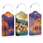 Retro Seaside Village 3 PCS PU Leather Luggage Tags for Suitcase (Retro Seaside Village, Sunset)