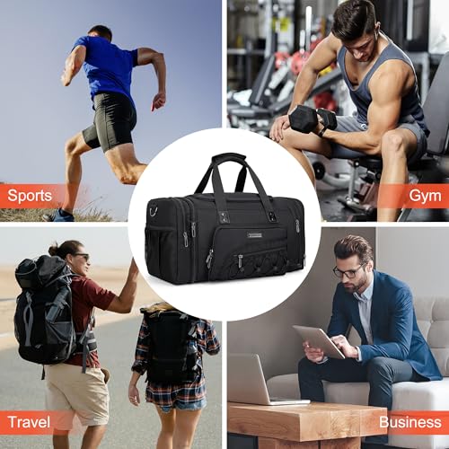 Mens Duffle Bag Expandable 50L Travel Gym with Shoe Compartment (Black)