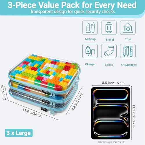 Clear Hard Shell Zipper Cases (Blue / 3 Pack(L))