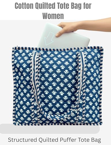 100% Cotton Quilted Tote Bag For Women (Indigo Blue White Chalk Block Print)