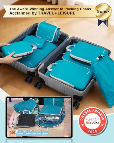 10 Piece Compression Packing Cubes with Travel Organizer Set (10-Blue / 10 Set)