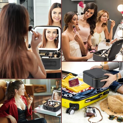 Makeup Travel Train Case with Mirror LED Light 3 Adjustable Brightness Large Cosmetic Bag Portable Storage Adjustable Partition Waterproof Makeup Brushes Make up Jewelry Gift for Women (Black)