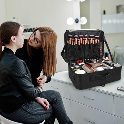 Extra Large Makeup Case with Plastic Dividers Washable and Easy to Clean (Black with Plastic Dividers / Extra Large)