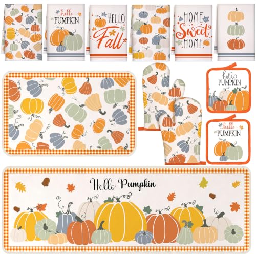 12 Pcs Fall Pumpkin Kitchen Decor Set 6 Towels 2 Kitchen Rugs (Multicolor / Multicolored Pumpkin)