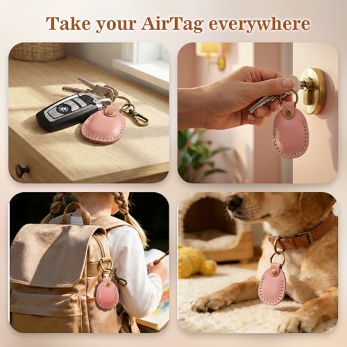 Genuine Leather Airtag Holder Compatible with Apple AirTag Keychain 2nd & 1st Gen (Pink)