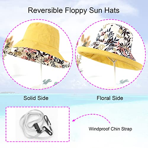 Women Floral Reversible Wide Brim Sun Hats Wired Edge Summer UPF Hat for Beach Hiking Garden Travel Lawn Work Chin Strap (Medium / Qf002-yellow)