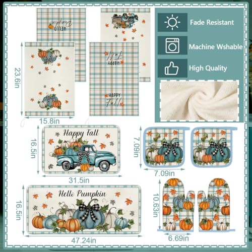 10 Pcs Fall Thanksgiving Pumpkin Kitchen Decor Set (Light Blue / Classic Pumpkins)