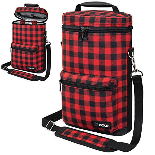 Insulated 2 Bottle Wine Bag Tote Leakproof Carrier Cooler Plaid Red (Buffalo Plaid Red / One Size)