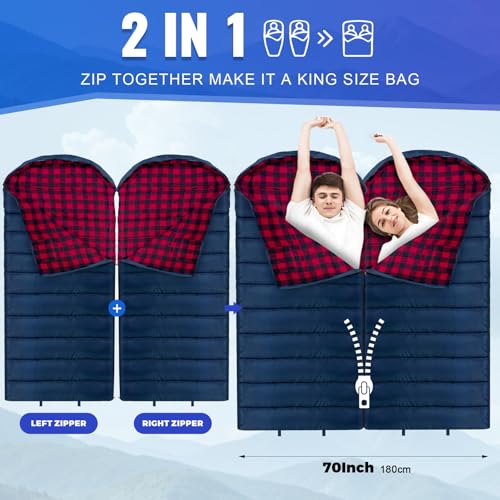 0 Degree Sleeping Bag Cotton Flannel Winter Cold Weather for Adults XXL Sleeping Bag 4 Season Big and Tall with Pillow Compression Sack (NAVY_R)