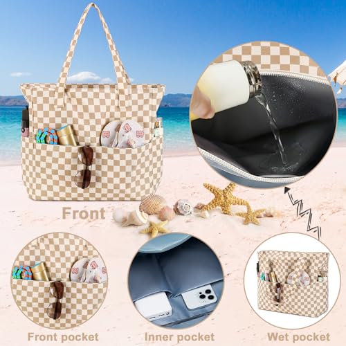 Waterproof Beach Tote Pool Bags for Women Ladies Extra Large Gym Tote Carry On Bag With Wet Compartment for Weekender Travel (A Checked Brown White)