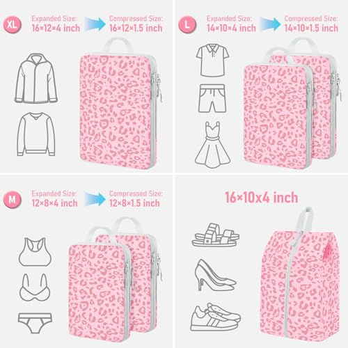6 Set Compression Packing Cubes (Pink Leopard-6pcs / Set of 6)