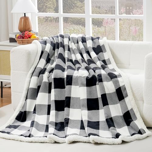 Sherpa Fleece Throw Blanket 80" x 90" Reversible Plush Fluffy Large Big Blanket Lattice Flannel Blankets for All Season Use (Black and White / 80"*90")