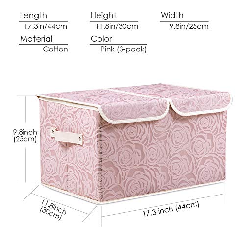 Large Stackable Storage Bins with Lids Fabric Decorative Storage Box Cubes Organizer Containers Baskets with Cover Handles Divider for Bedroom Closet Living Room 17.3x11.8x9.8 Inch 3 Pack (Pink / Double Lid/3pcs)