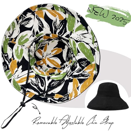Womens Sun Hats Wide Brim Reversible Bucket Cotton Hat Packable Summer Travel Cap with Hat Clip (Medium / Black2)