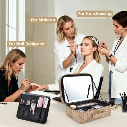 Makeup Bag with LED Lighted Mirror 12.2 IN Cosmetic Train Case Double Layer (12.2 Inch Khaki Floral / 0-Double Layer)