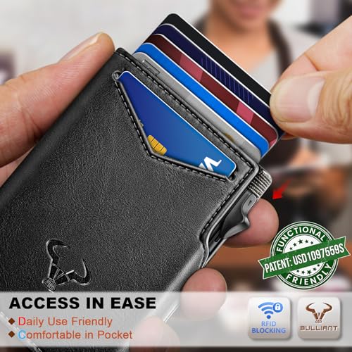 Men Slim Leather Wallet Metal Case Money Clip (Black2717)