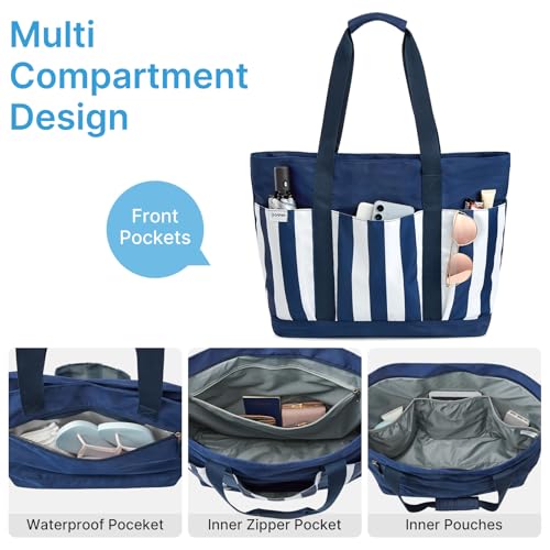 Beach Bag Waterproof Beach Tote Pool Bags for Women (Blue White Stripes / 35L)