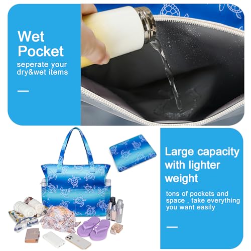 Waterproof Beach Tote Pool Bags for Women Ladies Extra Large Gym Tote Carry On Bag With Wet Compartment for Weekender Travel (Sea Turtle Blue)